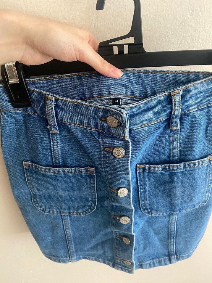 Düğmeli Mavi Kot Mini Etek - Görsel 4