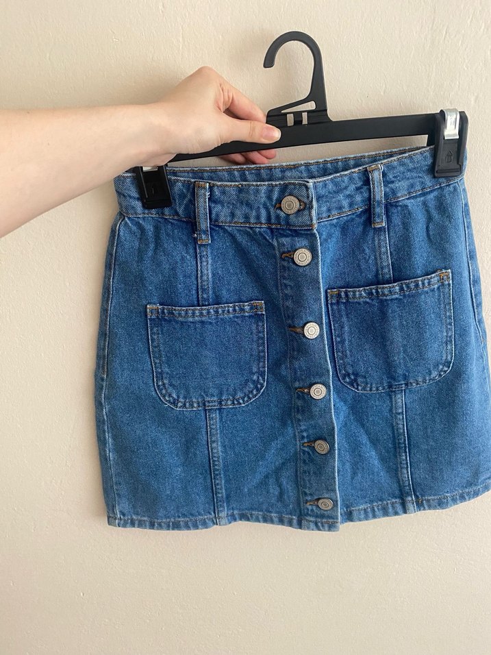 Düğmeli Mavi Kot Mini Etek - Görsel 2