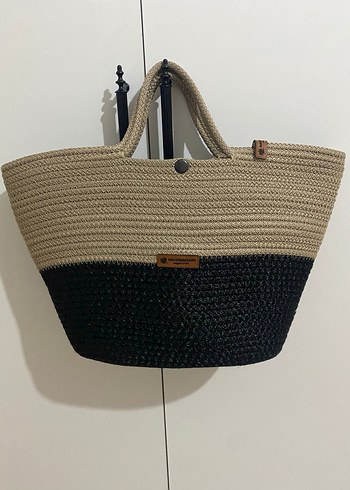 Kahverengi Örgü Plaj Çantası Fular Detaylı - Görsel 2