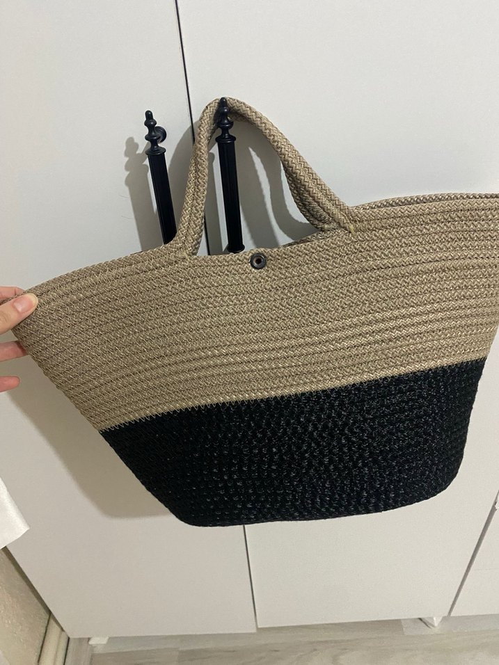 Kahverengi Örgü Plaj Çantası Fular Detaylı - Görsel 3