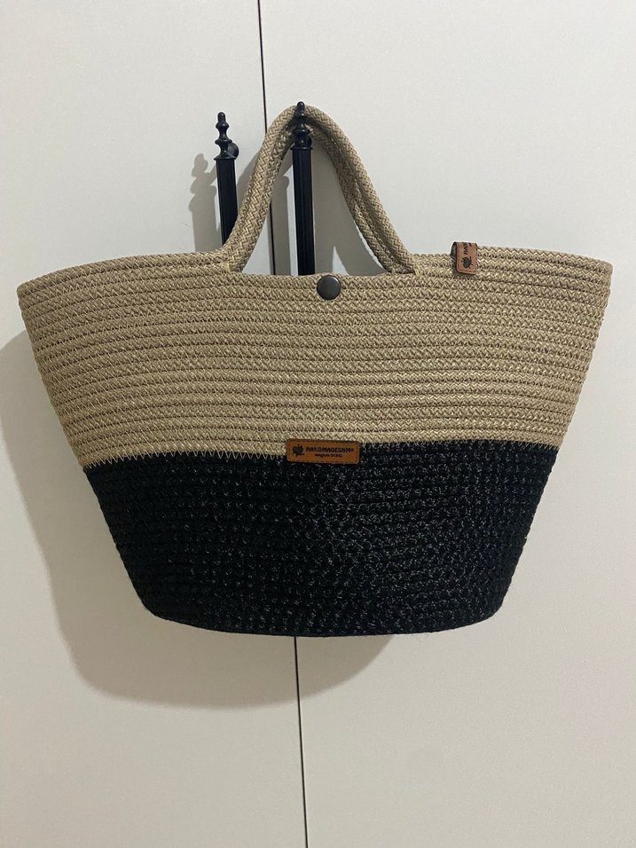 Kahverengi Örgü Plaj Çantası Fular Detaylı - Görsel 2