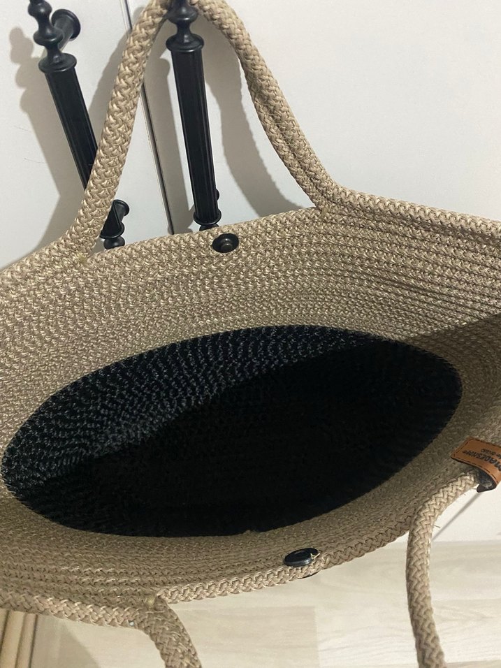 Kahverengi Örgü Plaj Çantası Fular Detaylı - Görsel 4