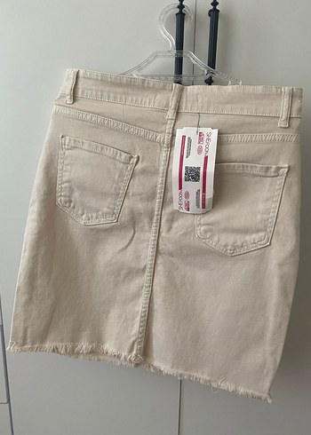 34 Beden Bej Denim Mini Etek, Rahat Kesim