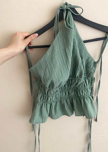 Yeşil Bağlamalı Halter Yaka Crop Top - Görsel 2