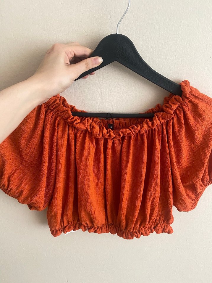 Kısa Kol Fırfırlı Kırmızı Bohem Bluz - Görsel 3