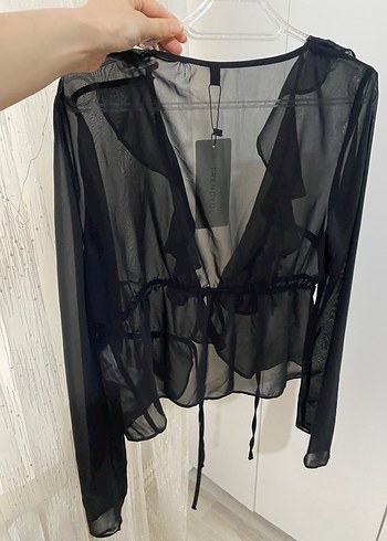 Siyah V Yaka Uzun Kollu Fırfırlı Bluz - Görsel 3
