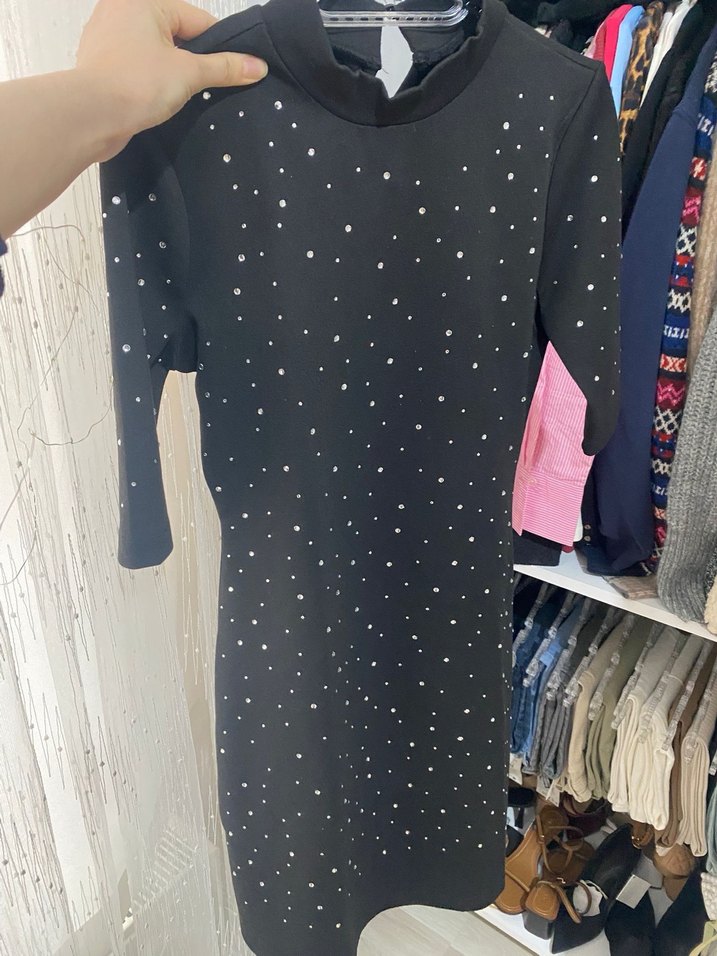 Parlak Siyah Mini Payetli Elbise - Görsel 2