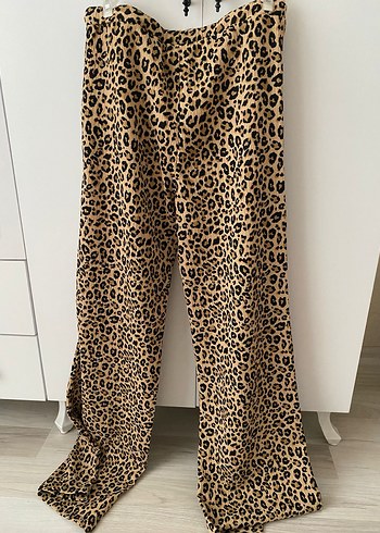 s Beden Kahverengi Leopar Desenli Kadın Bol Paça Pantolon