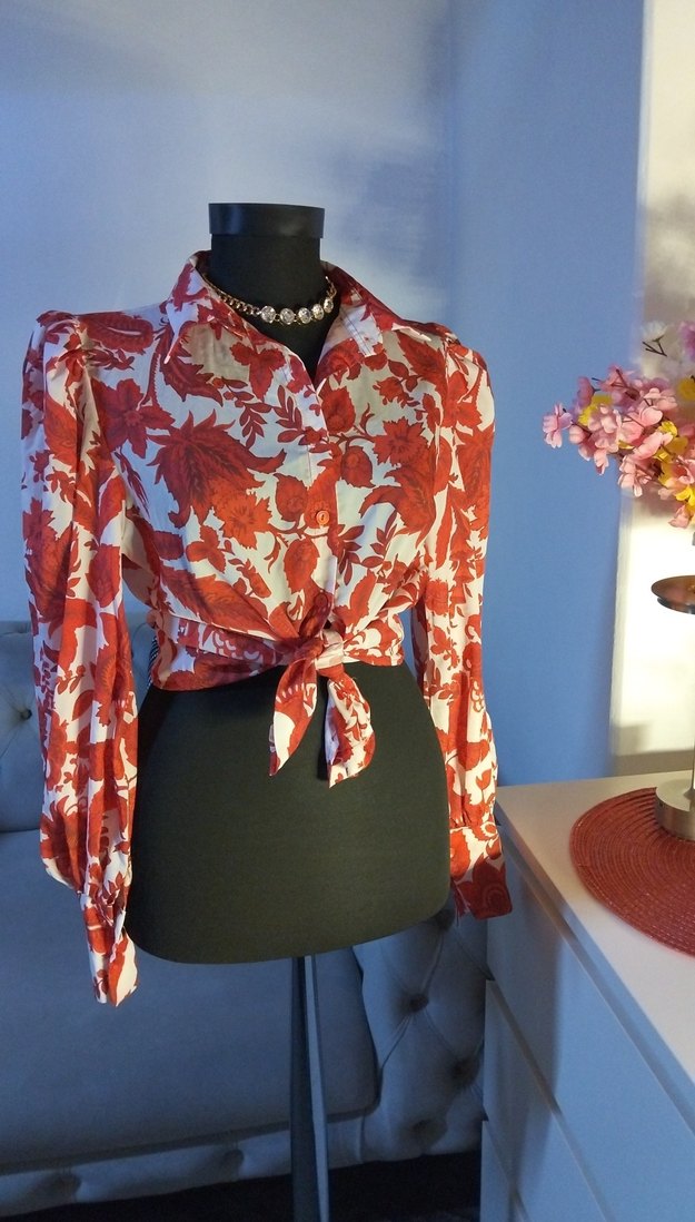 38/M beden, Kırmızı Desenli Bohem Kadın Gömlek - Görsel 3