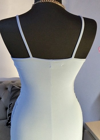 36/S beden, boy 65 cm MaviDrapeli İnce Askılı Uzun Abiye Elbise - Görsel 4