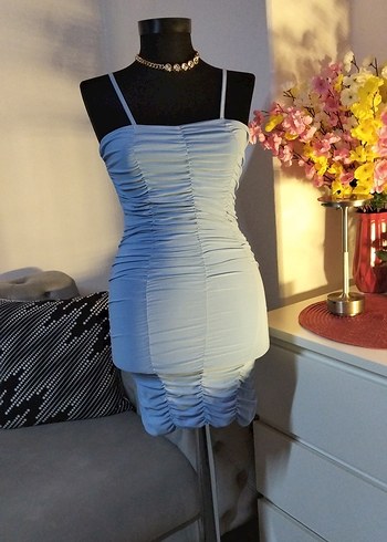 36/S beden, boy 65 cm MaviDrapeli İnce Askılı Uzun Abiye Elbise - Görsel 3