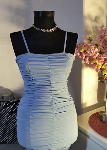 36/S beden, boy 65 cm MaviDrapeli İnce Askılı Uzun Abiye Elbise - Görsel 2