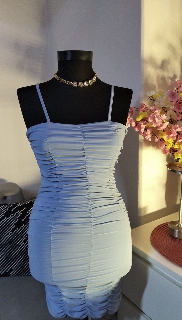 36/S beden, boy 65 cm MaviDrapeli İnce Askılı Uzun Abiye Elbise - Görsel 2