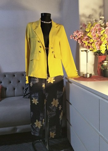 Sarı Uzun Kesim Kadın Blazer Ceket takımı, 36/S beden - Görsel 3