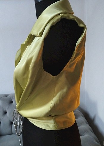 36/S beden, Kısa Kesim Saten Düğmeli Kolsuz Kadın Gömlek - Görsel 6