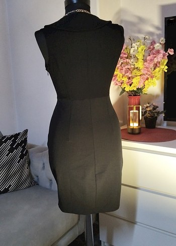 adl 34/xs beden boy 80 cm, Düğmeli Siyah V Yaka Midi Ofis Elbise - Görsel 5