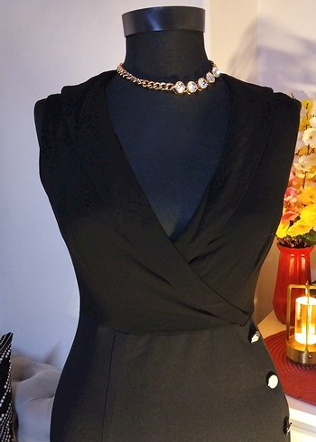 adl 34/xs beden boy 80 cm, Düğmeli Siyah V Yaka Midi Ofis Elbise - Görsel 3