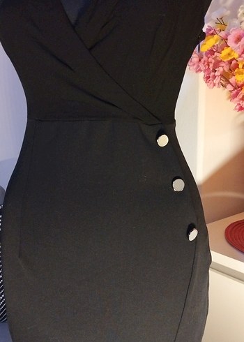 adl 34/xs beden boy 80 cm, Düğmeli Siyah V Yaka Midi Ofis Elbise - Görsel 2