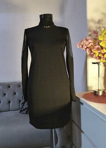 36/S beden boy 85 cm. Uzun Kollu Siyah Gotik Kadın Elbise - Görsel 2