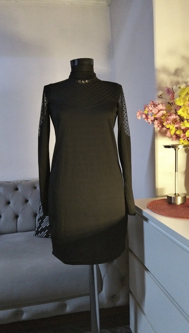 36/S beden boy 85 cm. Uzun Kollu Siyah Gotik Kadın Elbise - Görsel 2