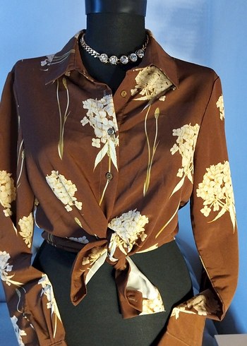 38/M beden, Düğmeli Kahverengi Çiçekli Vintage Gömlek - Görsel 3