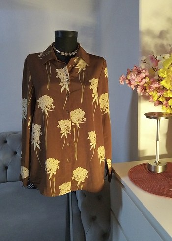 38/M beden, Düğmeli Kahverengi Çiçekli Vintage Gömlek - Görsel 5