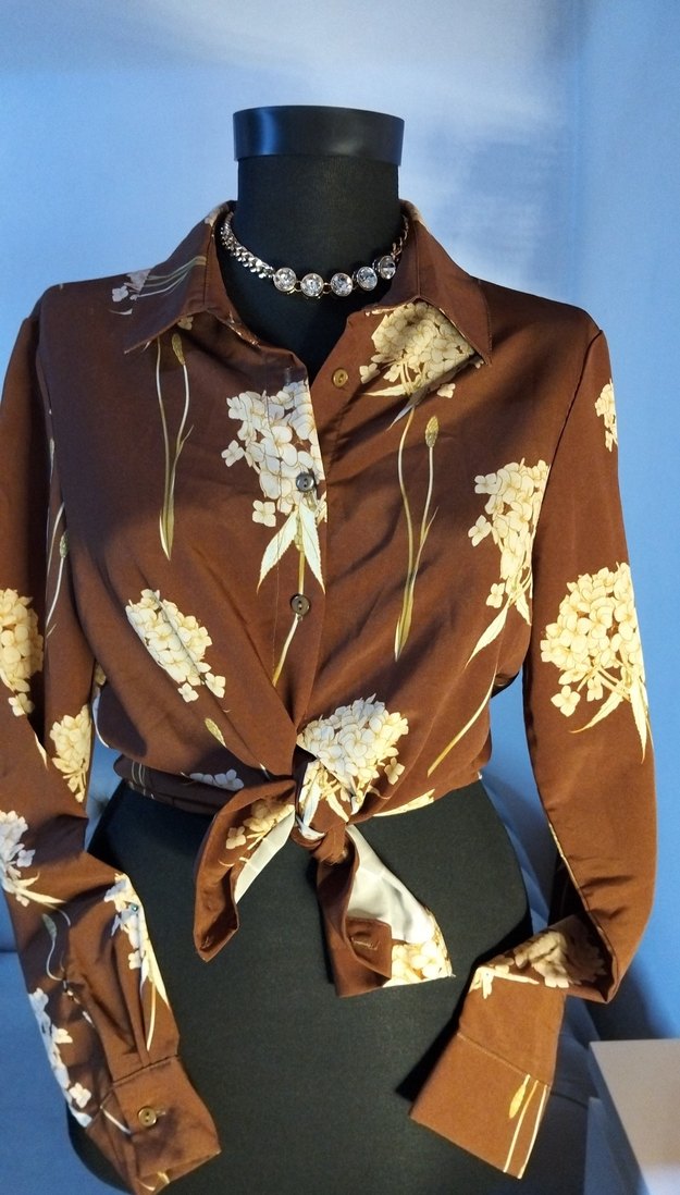 38/M beden, Düğmeli Kahverengi Çiçekli Vintage Gömlek - Görsel 3