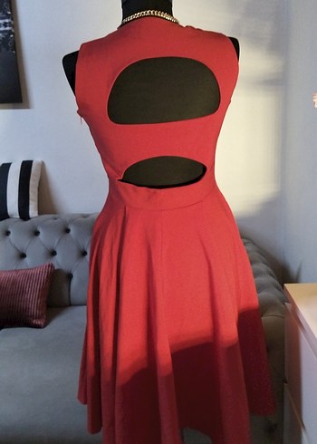 38/M beden boy 95 cm. Kırmızı Piliseli Midi Elbise - Görsel 5