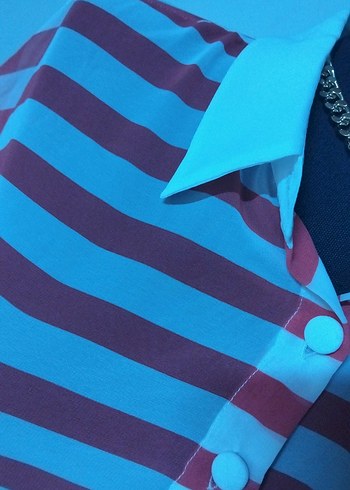 koton 38/M beden. Çizgili Düğmeli Kısa Kollu Mini Kadın Gömlek - Görsel 3