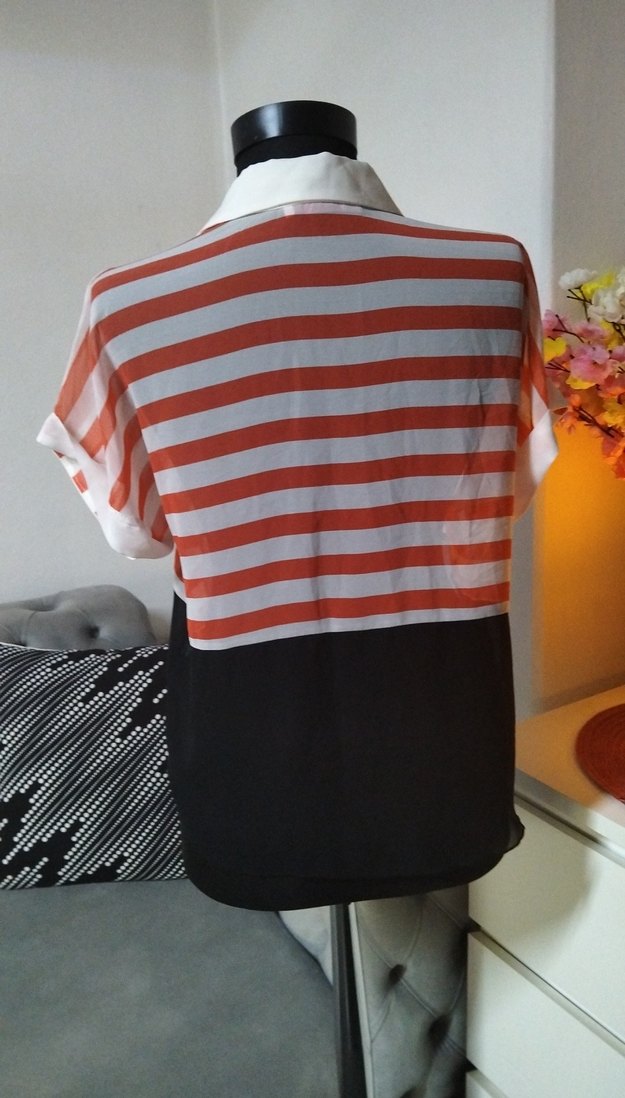 koton 38/M beden. Çizgili Düğmeli Kısa Kollu Mini Kadın Gömlek - Görsel 5