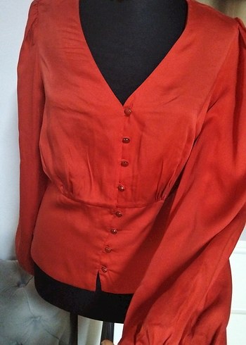 adL 38/M beden. Koyu Kırmızı V Yaka Düğmeli Kadın Bluz - Görsel 8