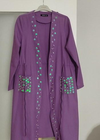 Mor Uzun Kadın Kaban Boncuklu - Görsel 2