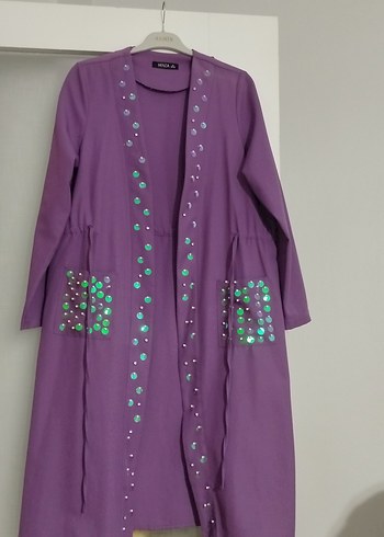 Mor Uzun Kadın Kaban Boncuklu - Görsel 3