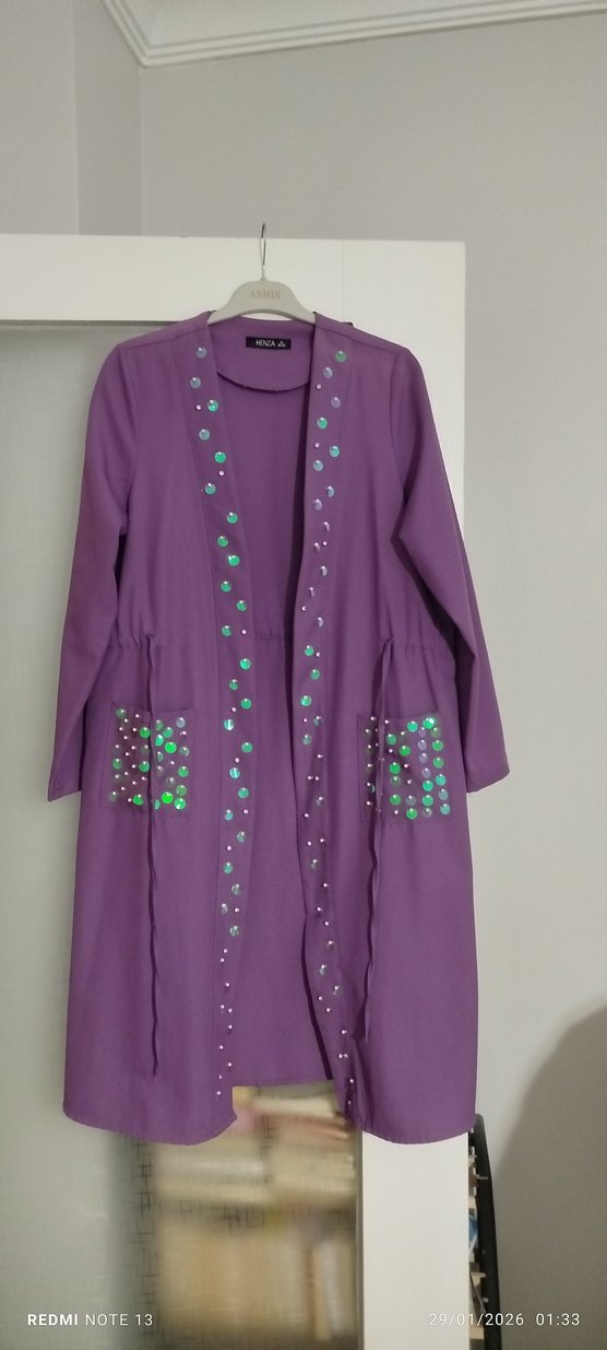 Mor Uzun Kadın Kaban Boncuklu - Görsel 2