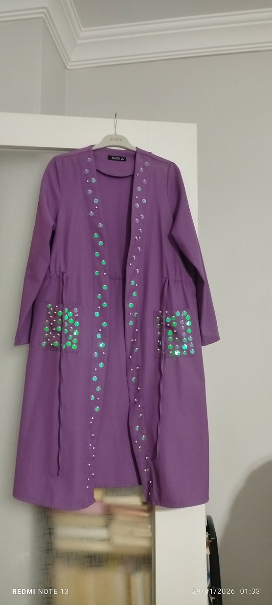 Mor Uzun Kadın Kaban Boncuklu - Görsel 3