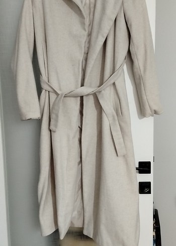 Bej Düğmeli Kadın Keten Kaban - Görsel 3