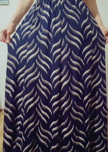 Mavi Zebra Desenli Pilili Uzun Etek