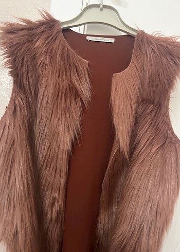 Gül kurusu  Süet Kürklü Uzun Kadın Yelek - Görsel 2