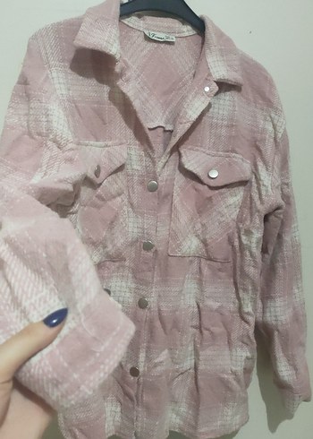 l Beden Düğmeli Pembe Uzun Kollu Salaş Kadın Gömlek