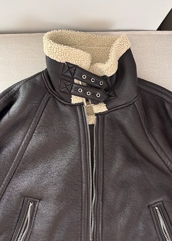 Kürklü Kahverengi Deri Biker Ceket - Görsel 3