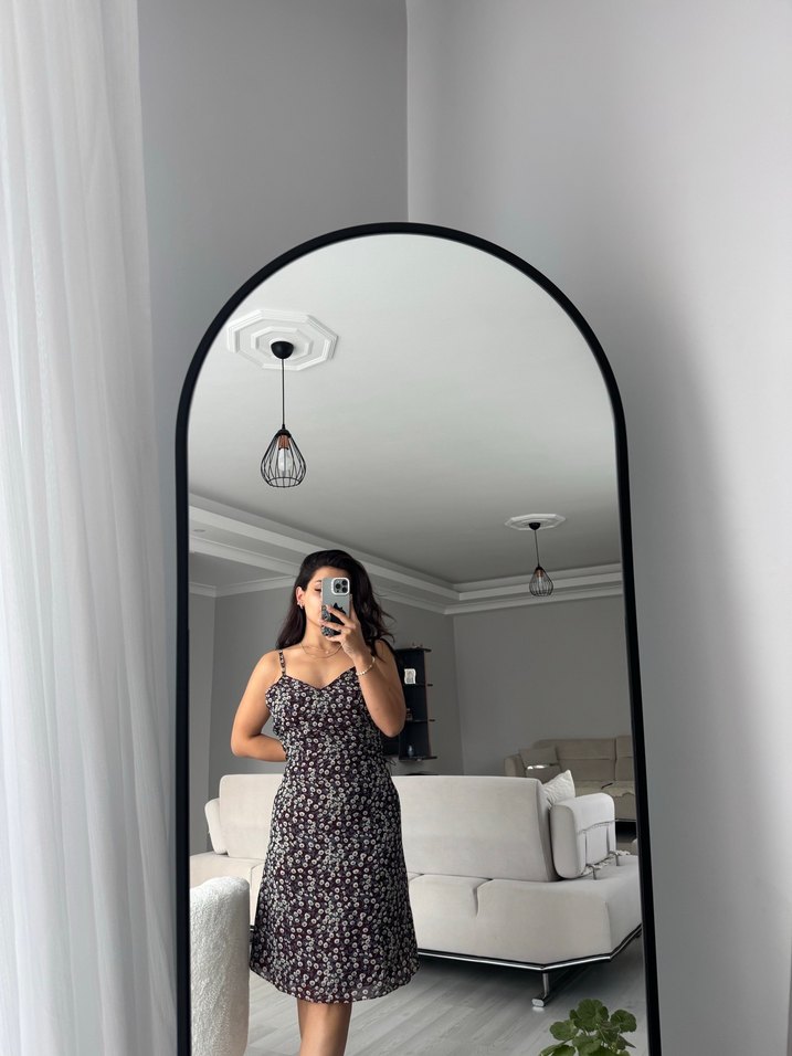 Midi Çiçek Desenli İnce Askılı Elbise - Görsel 3