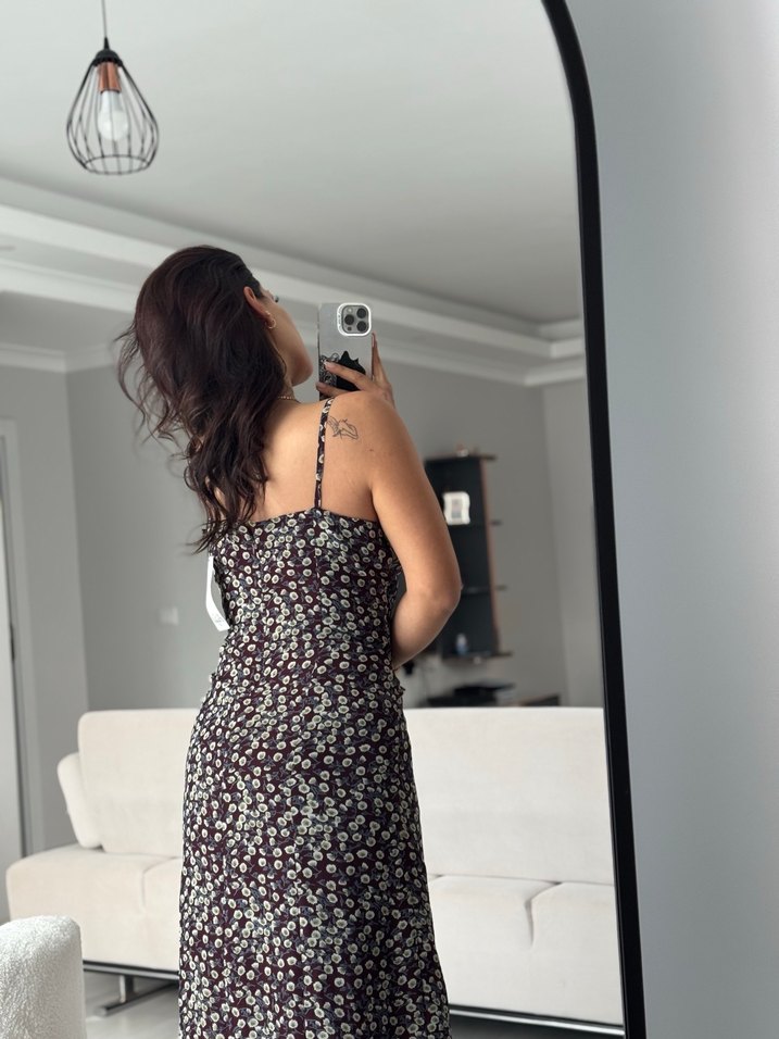 Midi Çiçek Desenli İnce Askılı Elbise - Görsel 5