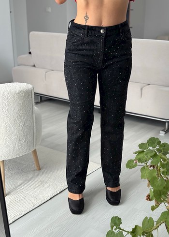 Siyah Payetli Kadın Midi Kot Pantolon - Görsel 2