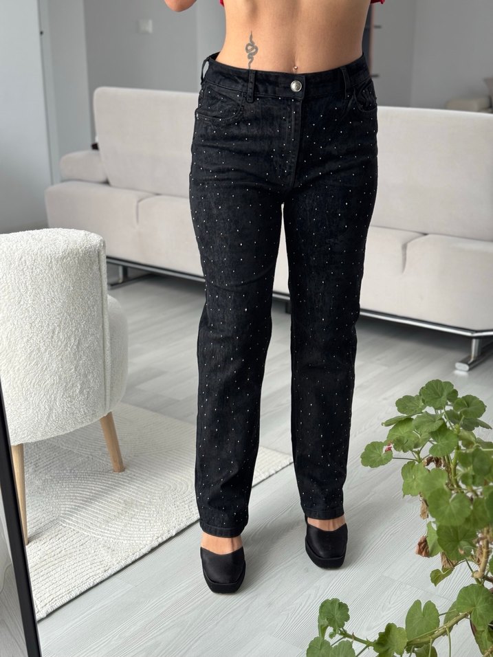 Siyah Payetli Kadın Midi Kot Pantolon - Görsel 2