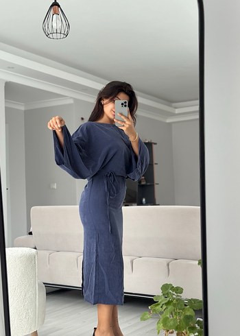 Kadın Mavi Midi Salaş Uzun Kollu Elbise - Görsel 2