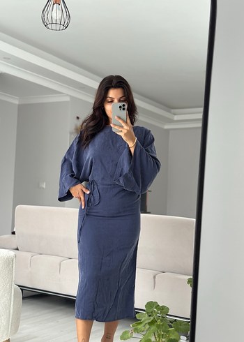 Kadın Mavi Midi Salaş Uzun Kollu Elbise - Görsel 4