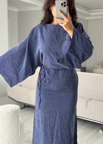 Kadın Mavi Midi Salaş Uzun Kollu Elbise - Görsel 5