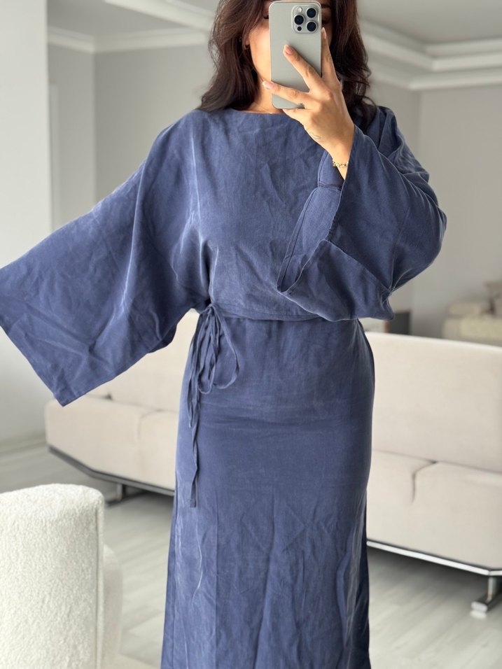 Kadın Mavi Midi Salaş Uzun Kollu Elbise - Görsel 5