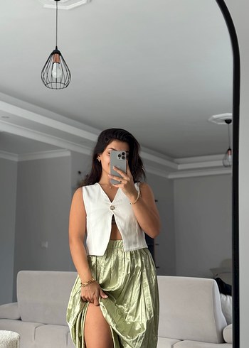 Şeffaf Dokulu Midi Boy Salaş Haki Etek - Görsel 4