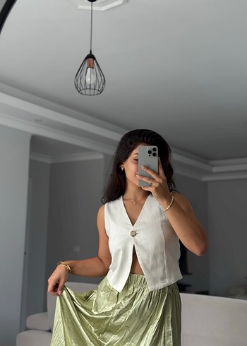 Şeffaf Dokulu Midi Boy Salaş Haki Etek - Görsel 5